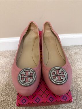 Tory Burch Pink Leather Logo Round-Toe Ballet Flats
